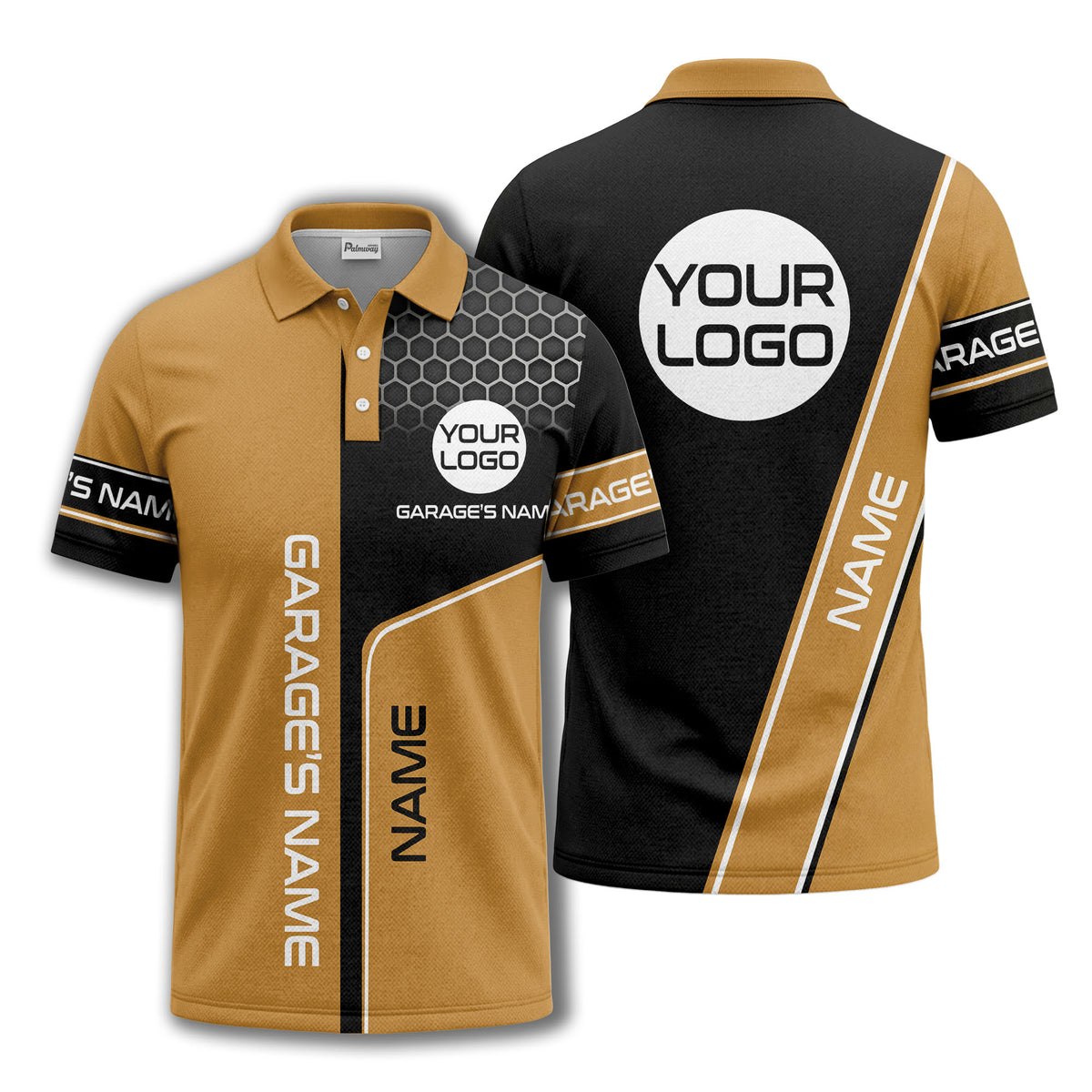 hexagonal grid garage name logo modern automotive polo shirt