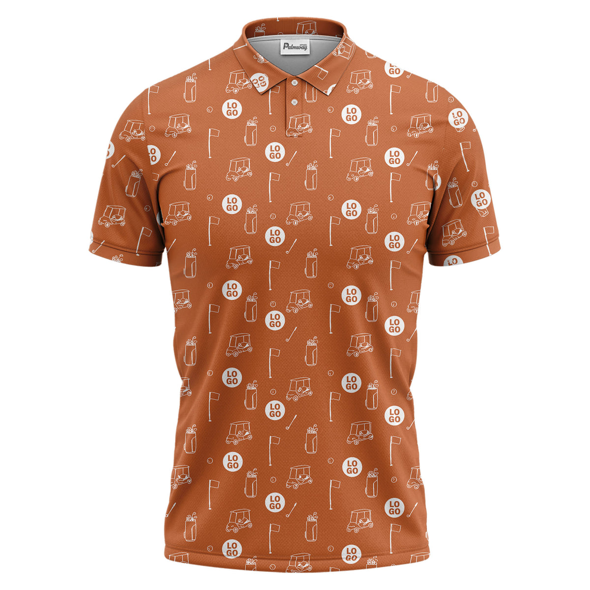 illustrated golf carts & clubs repeating on dark gray hawaiian polo shirt for men