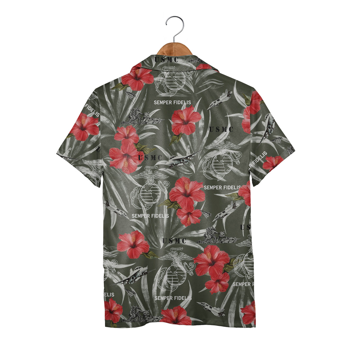 Marine Corps Olive Tropical Hawaiian Shirt - USMC Fighters Hibiscus Aloha Tee
