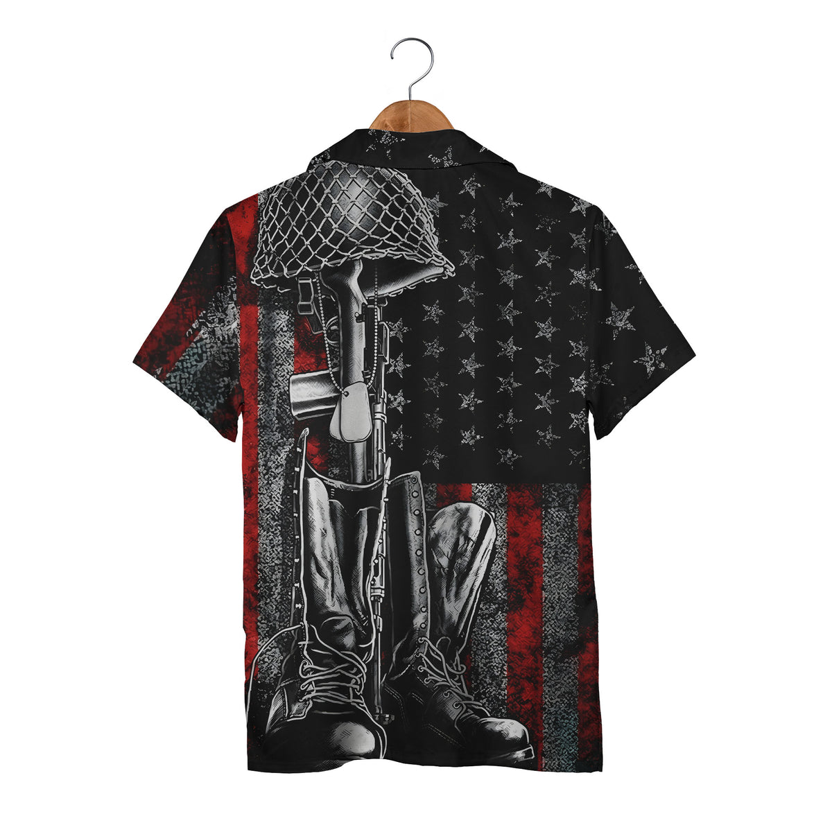Military Veteran Hawaiian Shirt - Rifle Dog Tags Helmet & Boots Army Memorial Day