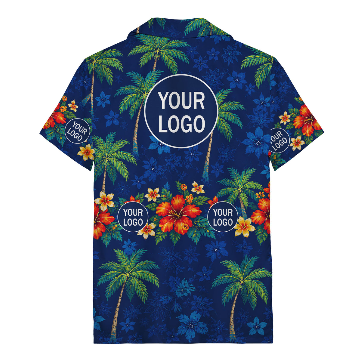 navy blue watercolor palm trees & hibiscus aloha hawaiian shirt