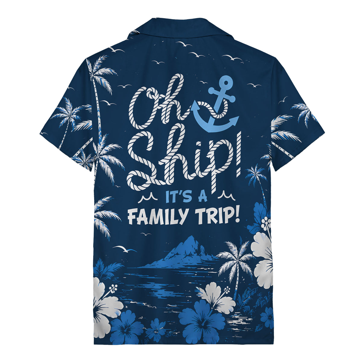 oh ship palm trees hibiscus navy blue watercolor hawaiian shirt for men