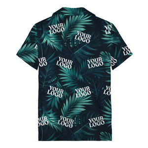 photorealistic palm leaves custom logo navy blue hawaiian shirt