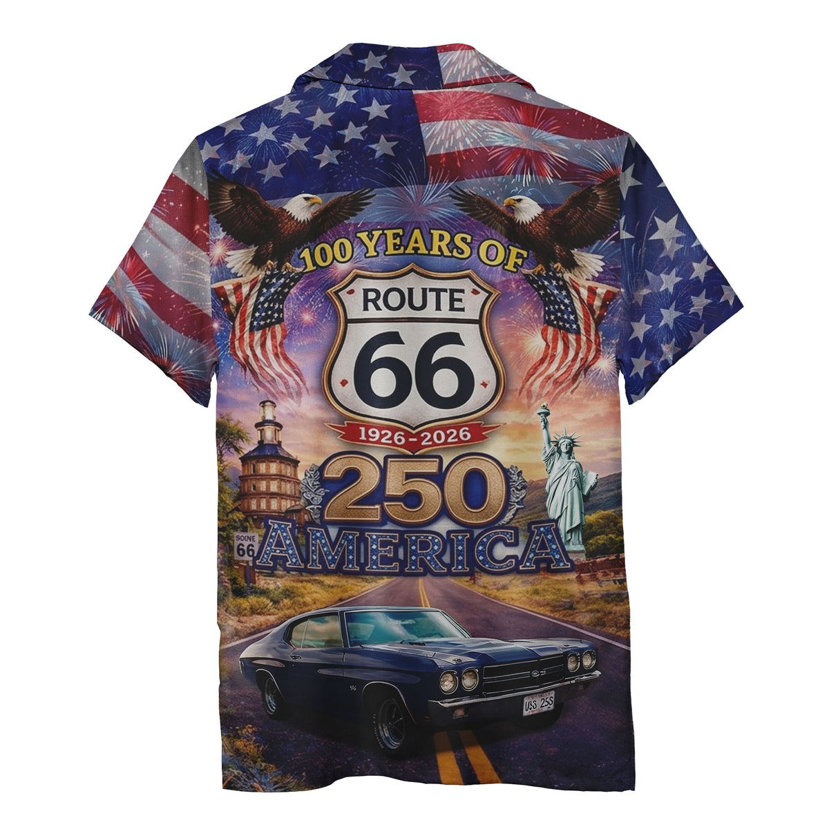 Route 66 USA Patriotic Eagle Firework Classic Car Aloha Button Down Shirt Hawaiian Shirt