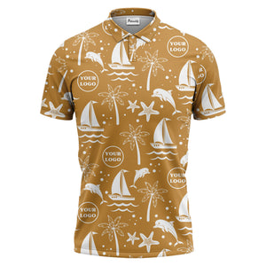 sailboats dolphins palm trees starfish repeat pattern black white polo shirt