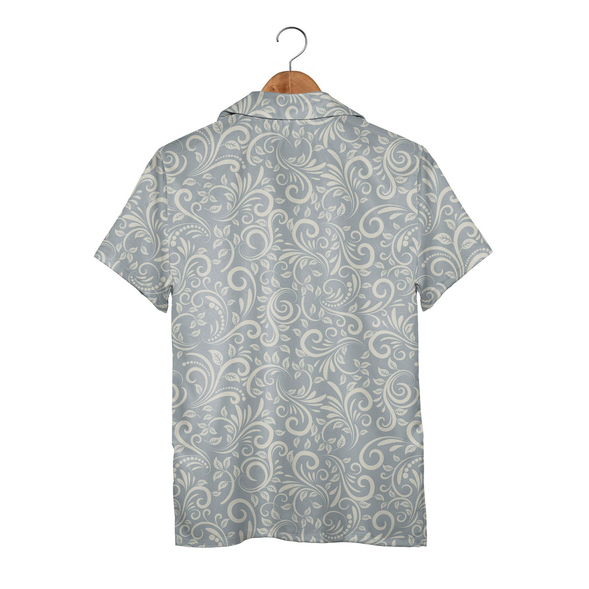 Serene Damask Hawaiian Shirt with Ornamental Scrolls in Pale Blue Gray