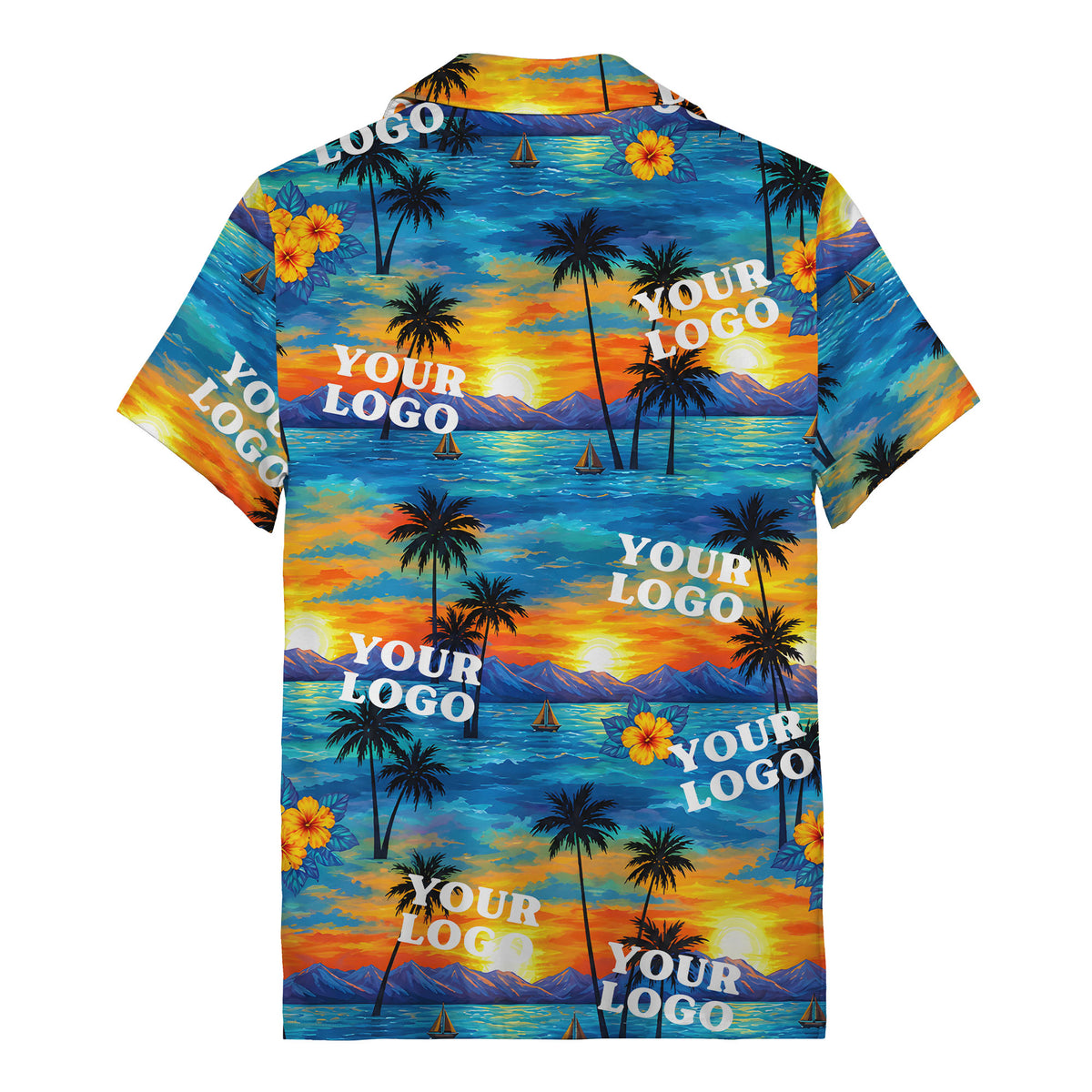 sunset palm trees hibiscus sailboats watercolor hawaiian shirt for men