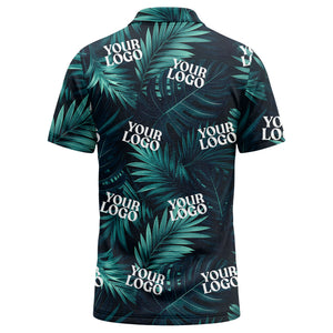 teal palm leaves & custom logo repeat pattern polo shirt