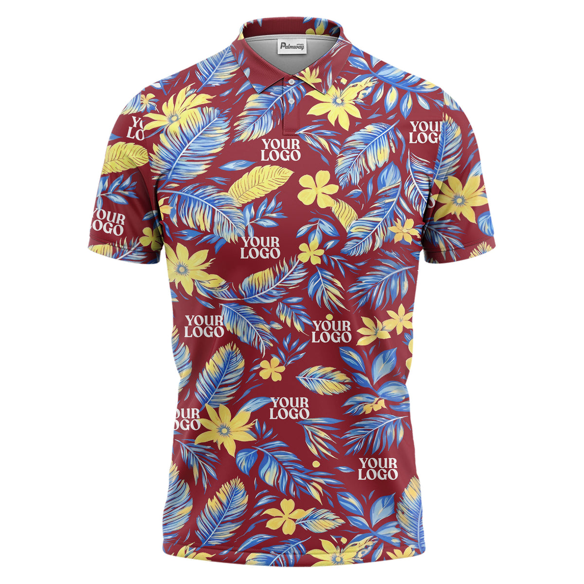 tropical floral hawaiian paradise flowers leaves plants black yellow blue green illustrated polo shi polo shirt