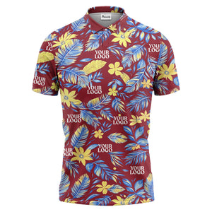 tropical floral hawaiian paradise flowers leaves plants black yellow blue green illustrated polo shi polo shirt