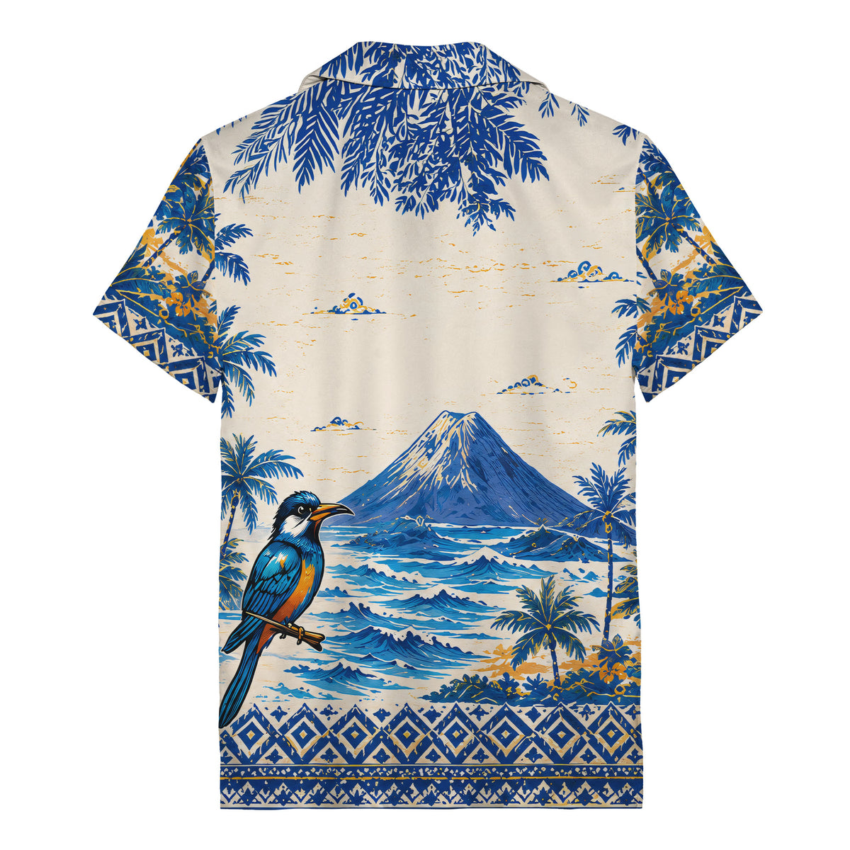 watercolor blue bird soaring over palm trees mountain scene hawaiian shirt