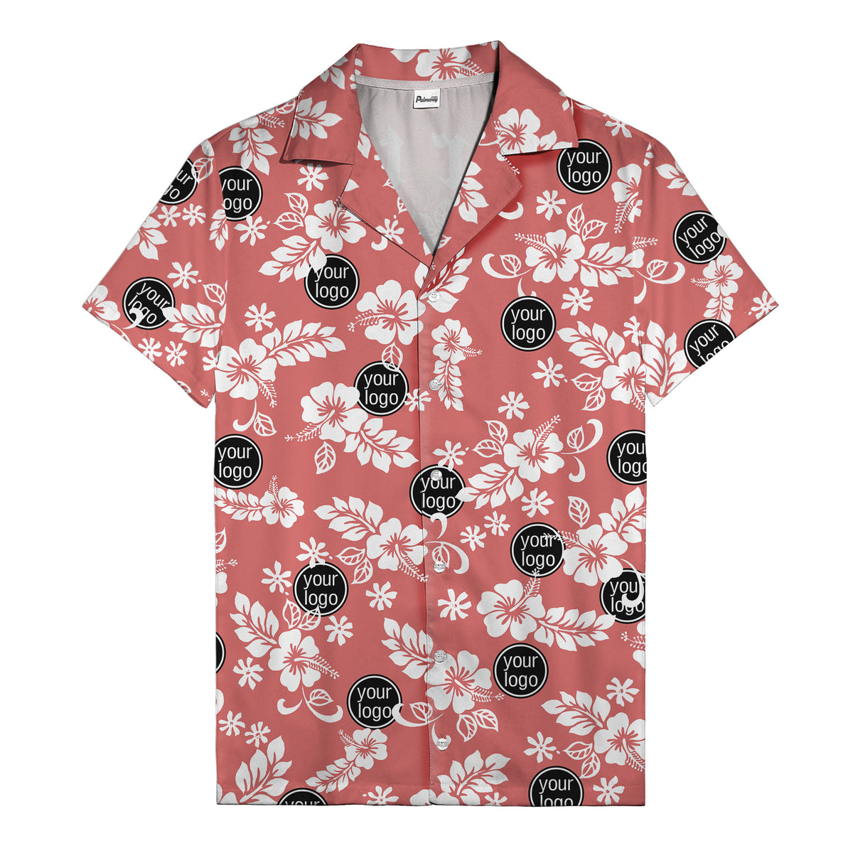 watercolor hibiscus blooms & custom logo navy blue hawaiian shirt