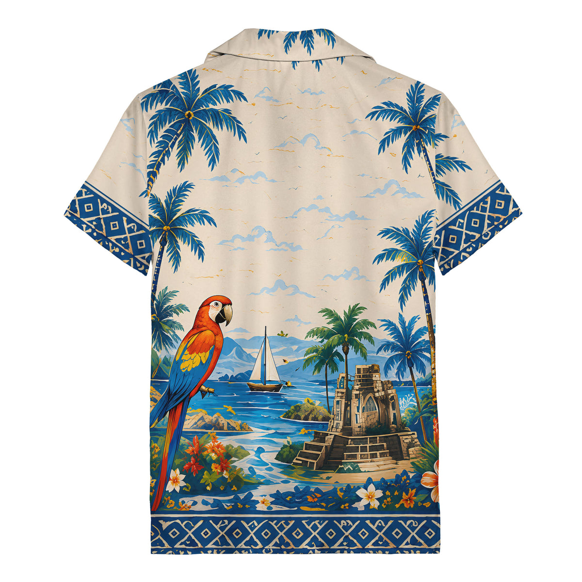 watercolor parrot sailboat castle ruins hawaiian shirt