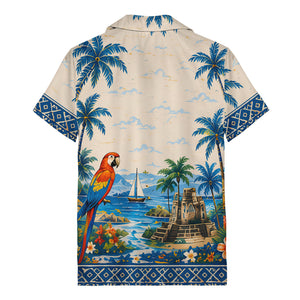 watercolor parrot sailboat castle ruins hawaiian shirt