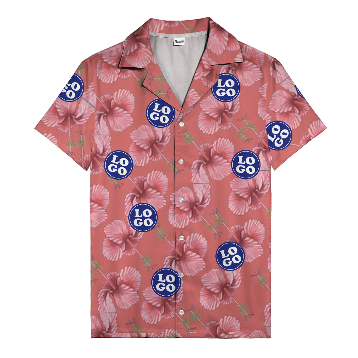 watercolor pink hibiscus & blue logo repeat aloha hawaiian shirt