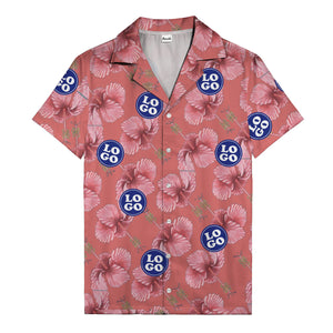 watercolor pink hibiscus & blue logo repeat aloha hawaiian shirt