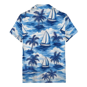 watercolor sailboats drifting through palm tree islands hawaiian shirt for men