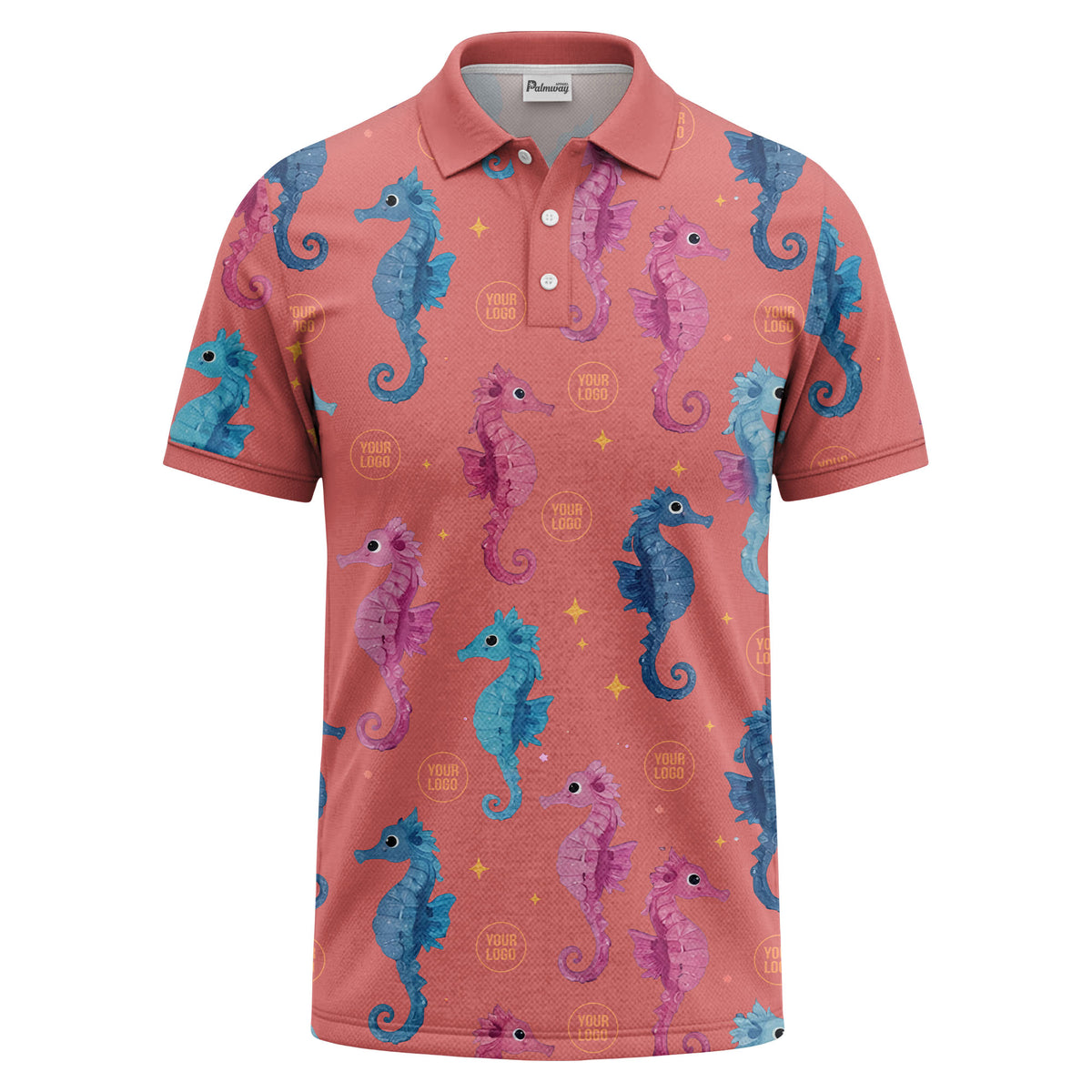 watercolor seahorse repeat marine life polo shirt in pink blue