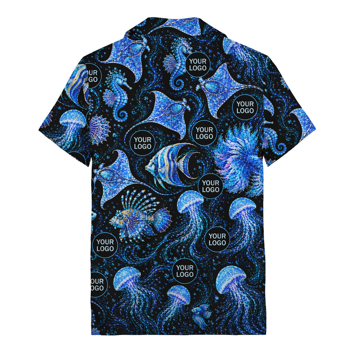 watercolor seahorses jellyfish navy blue hawaiian shirt
