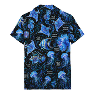 watercolor seahorses jellyfish navy blue hawaiian shirt