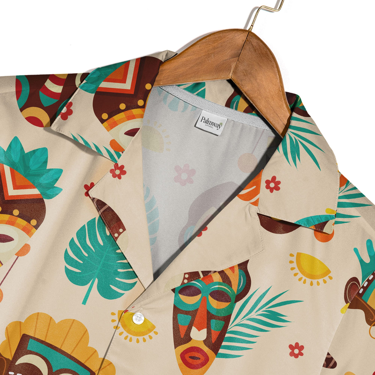 Modern Tiki Hawaiian Shirt with Monstera and Boomerangs on Beige