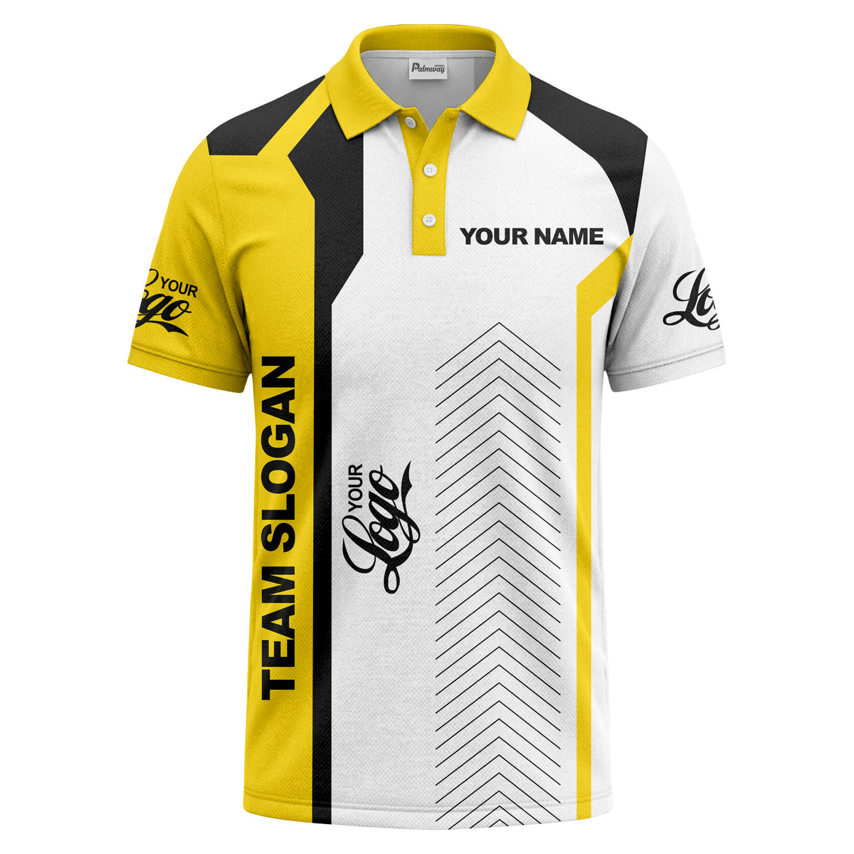 arrow repeat geometric logo & text custom polo shirt