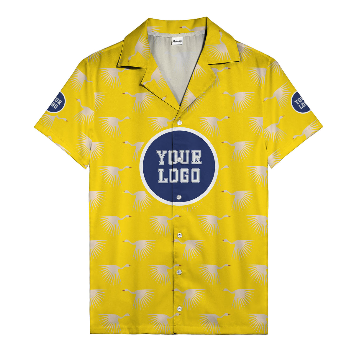 art deco crane silhouette logo beige navy hawaiian shirt