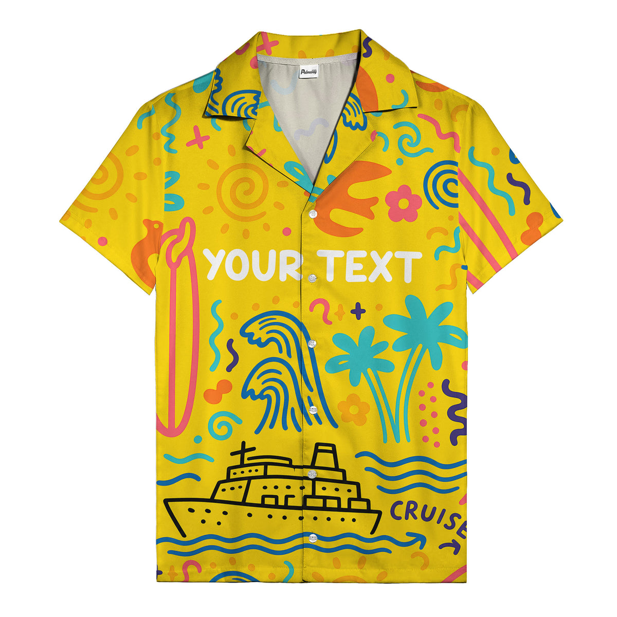 cartoon cruise ship palm trees surfboards wave hawaiian shirt
