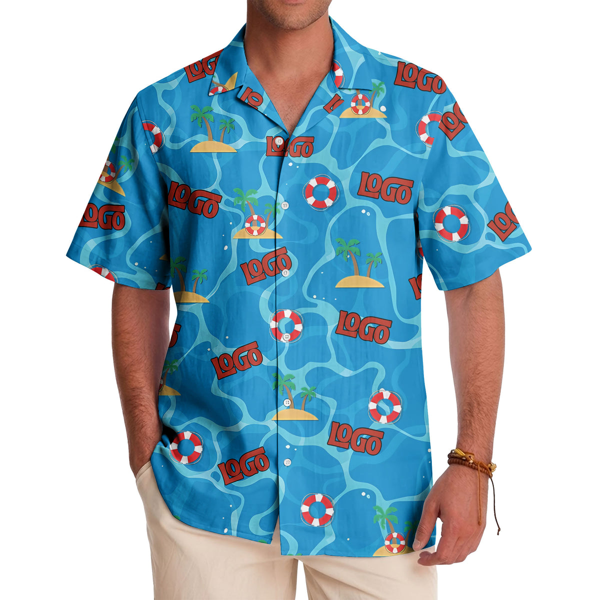 cartoon lifebuoy & palm tree island oasis hawaiian shirt for men