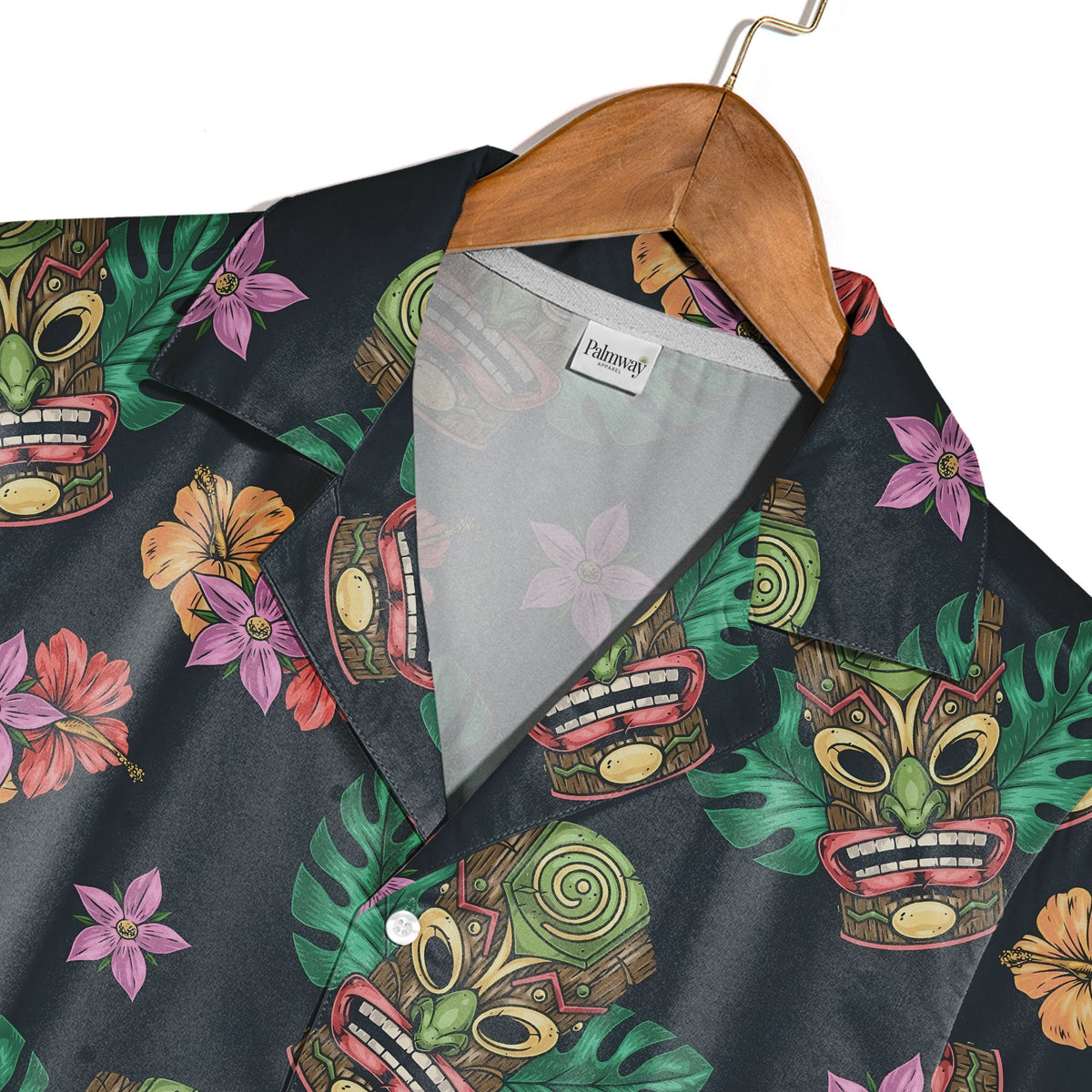 Colorful Tiki Mask Hawaiian Shirt with Hibiscus on Charcoal Grey
