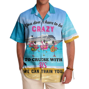 cruise ship & flamingo beach scene cartoon hawaiian shirt