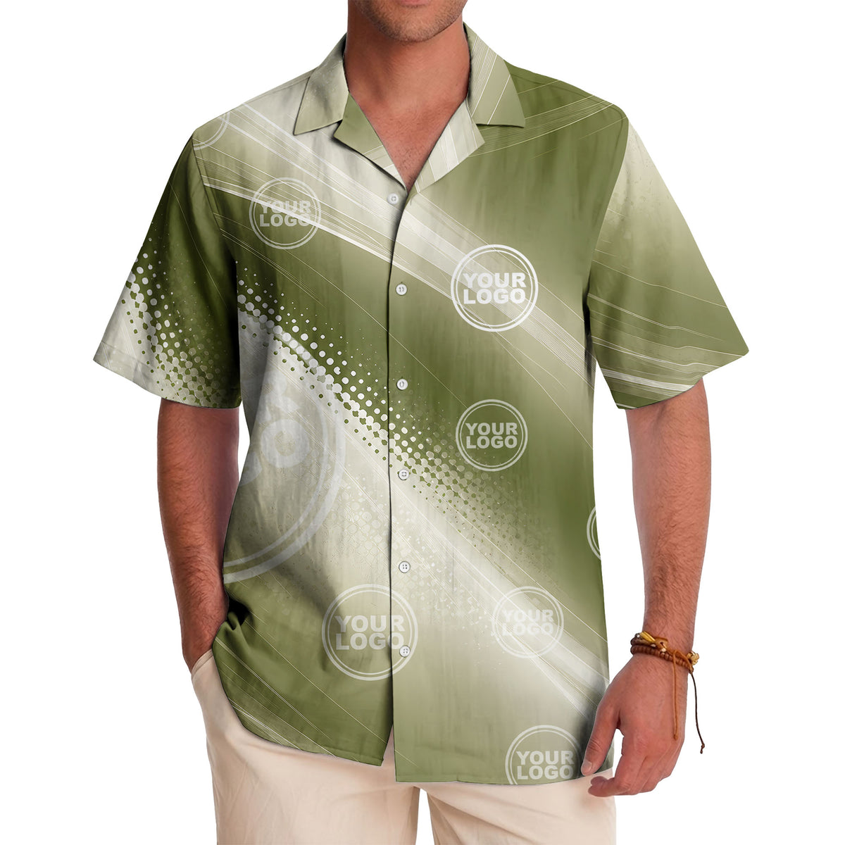 customizable logo circles & diagonal stripes olive green hawaiian shirt