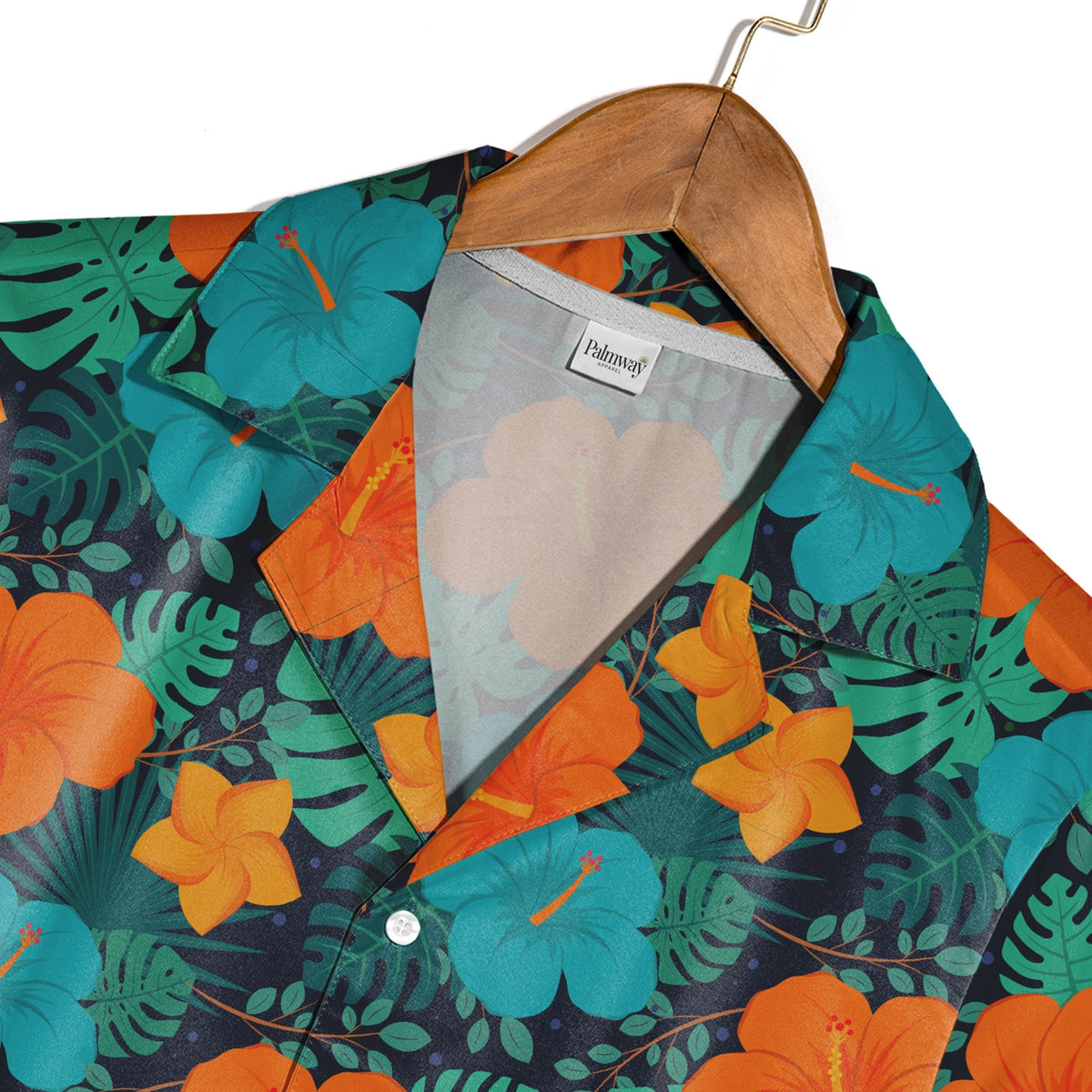 Deep Midnight Blue Vibrant Hibiscus Hawaiian Shirt with Plumeria and Fan Palm