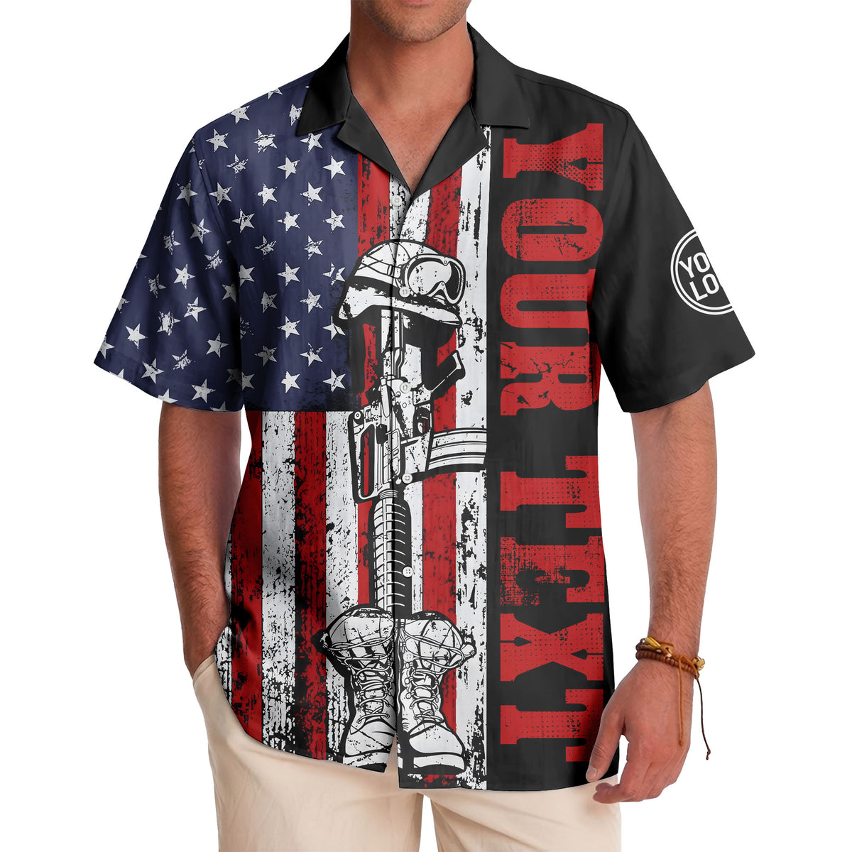 distressed american flag bald eagles & combat boots hawaiian shirt