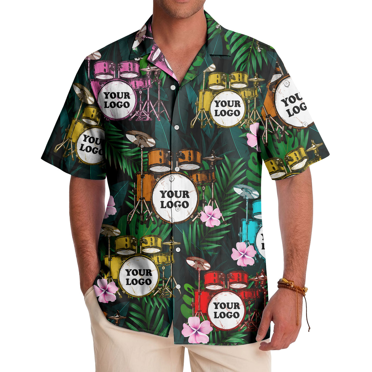 drum kits & tropical flowers aloha hawaiian shirt for musicians