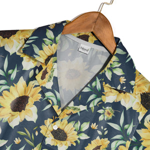 Elegant Watercolor Sunflower Hawaiian Shirt with Buds on Navy Blue