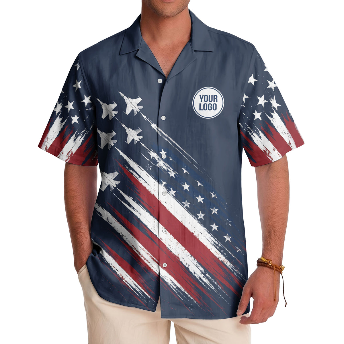 fighter jets streaking through american flag stars & stripes hawaiian shirt
