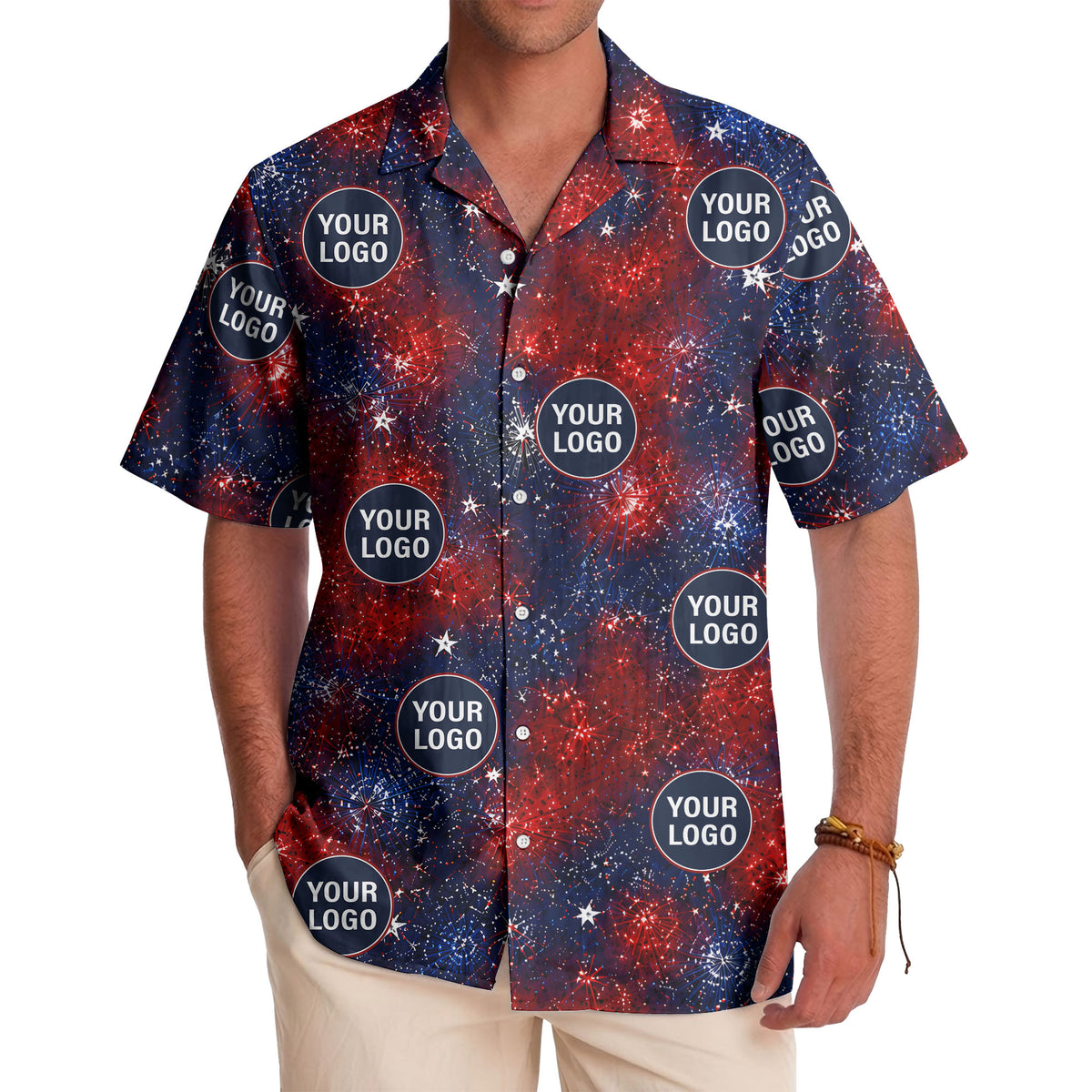 fireworks & custom logos patriotic all over print hawaiian shirt