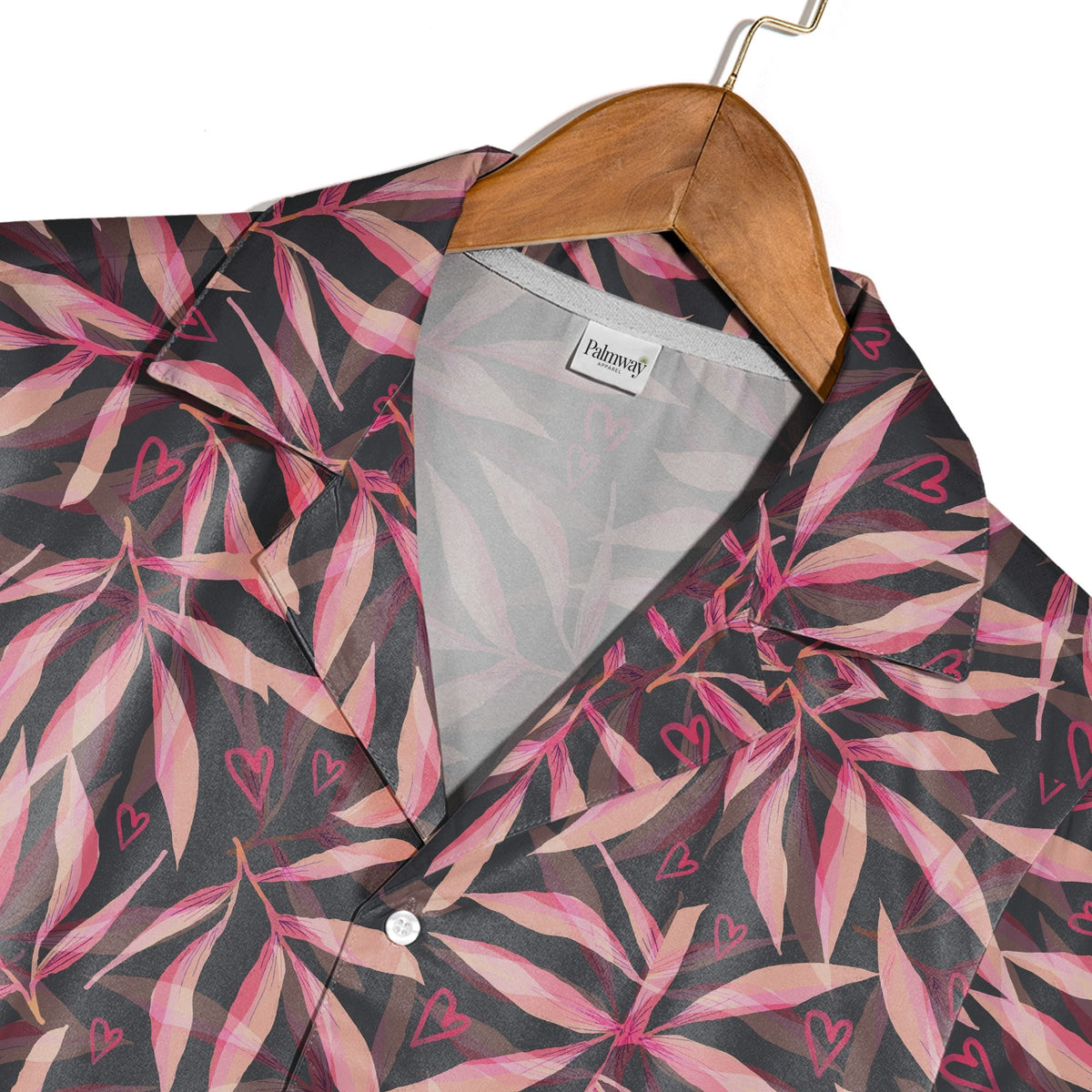 Glossy Hearts Hawaiian Shirt in Bright Pink and Red on Black Background