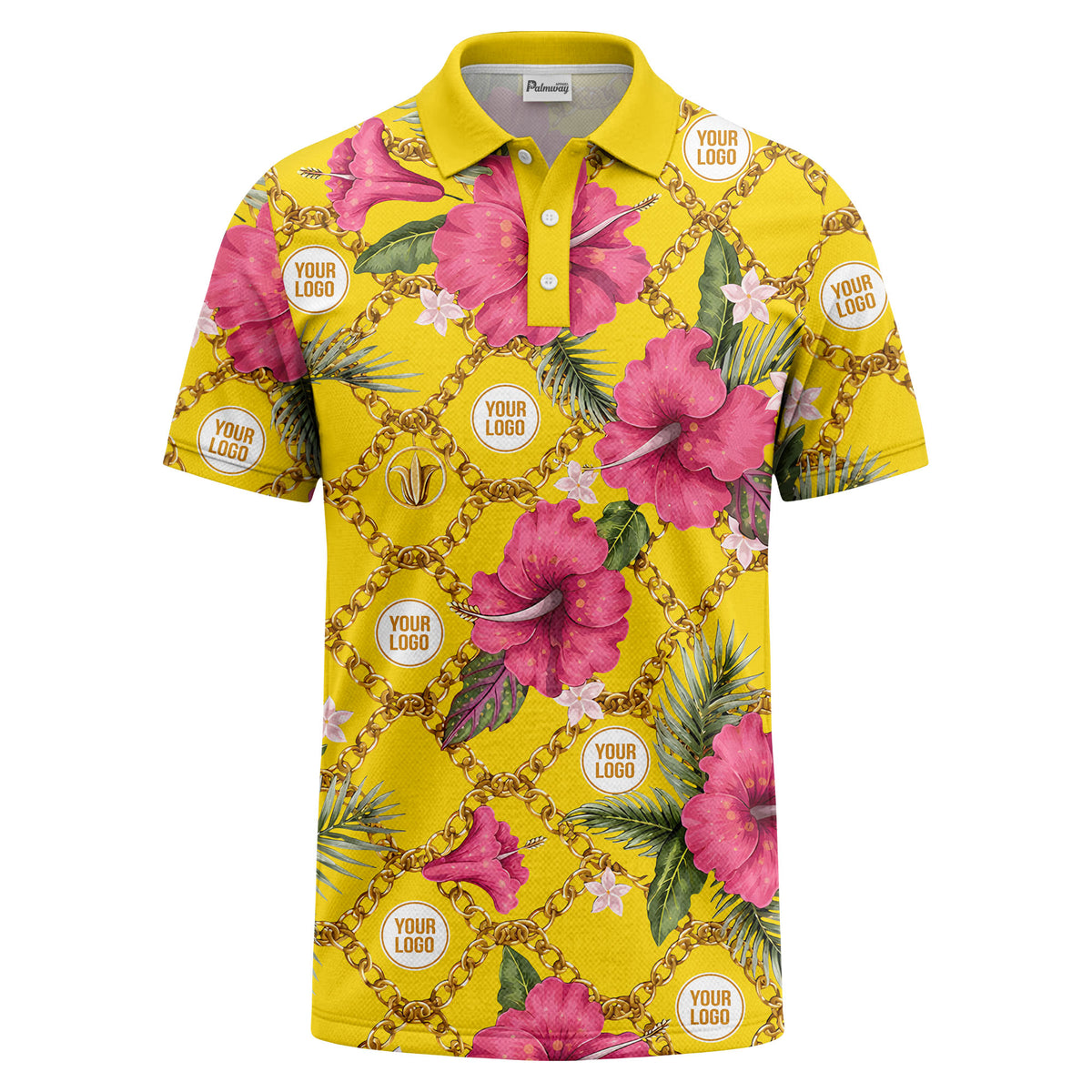 gold chain & pink hibiscus luxury illustrated polo shirt for men