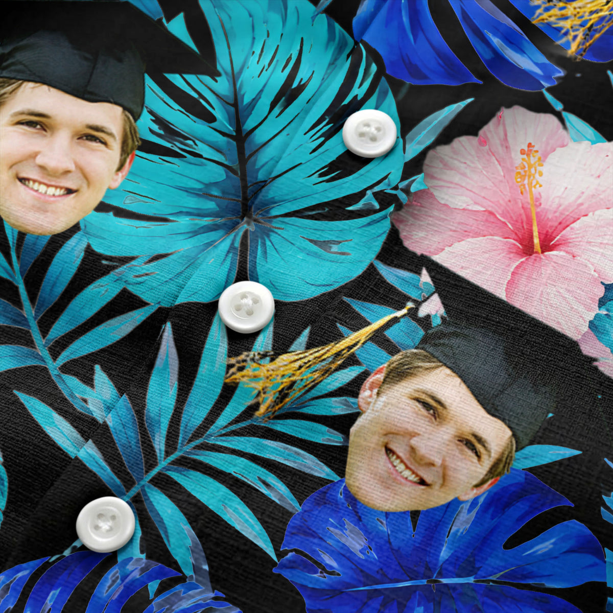 graduation caps tossed over hibiscus blooms on monstera hawaiian shirt