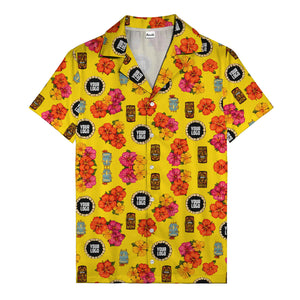 hibiscus & tiki masks all-over print hawaiian shirt for beach getaway