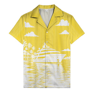 luxury yacht & palm trees tropical beach scene hawaiian shirt