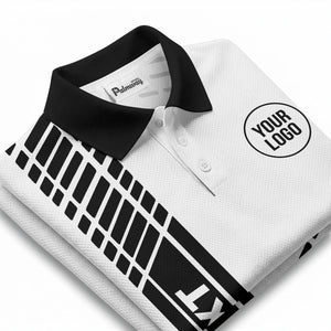 modern vertical stripe & dashed line graphic custom text logo polo shirt