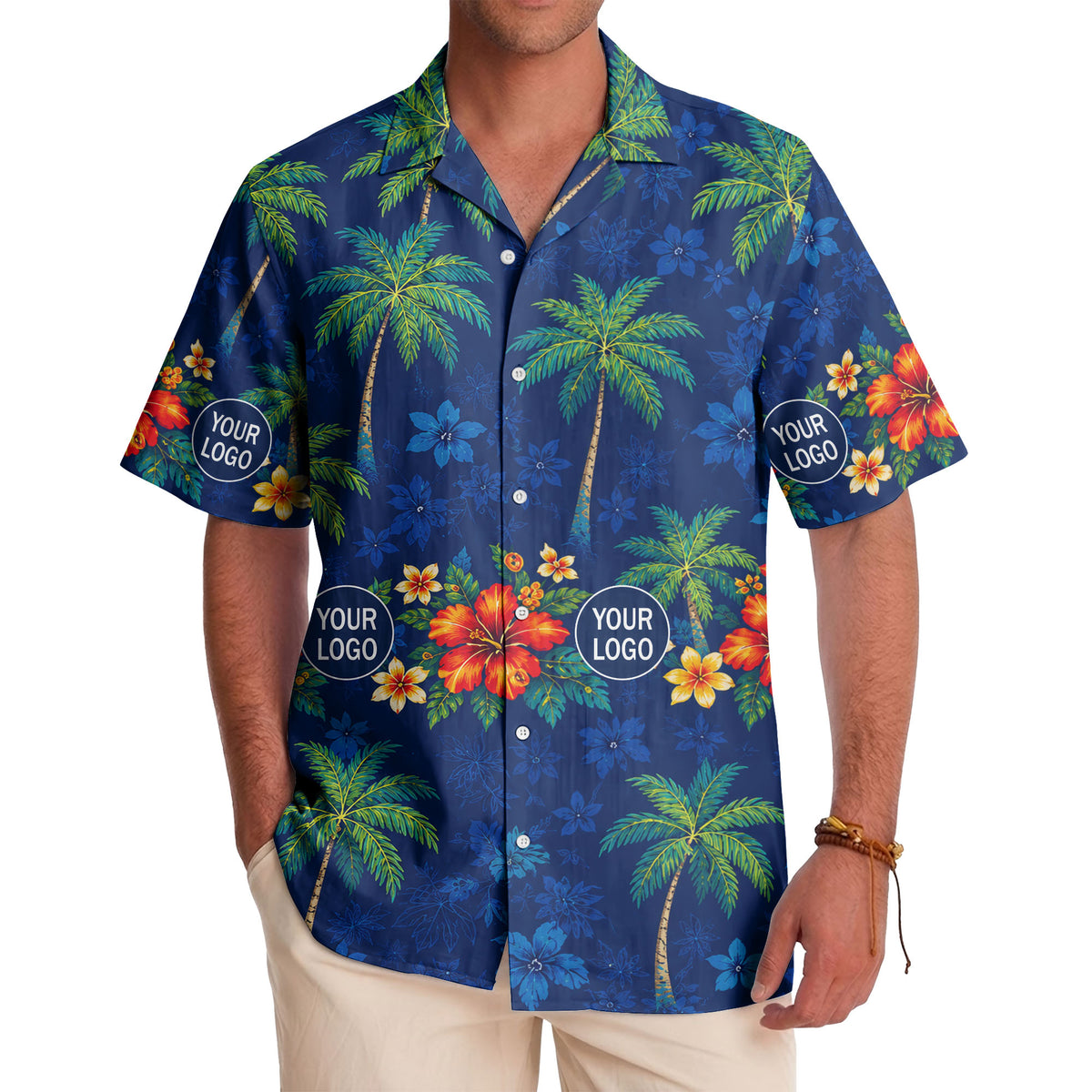 navy blue watercolor palm trees & hibiscus aloha hawaiian shirt
