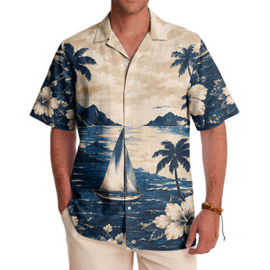navy sailboat palm hibiscus hawaiian shirt for men