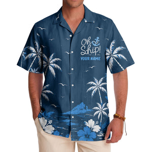 oh ship palm trees hibiscus navy blue watercolor hawaiian shirt for men