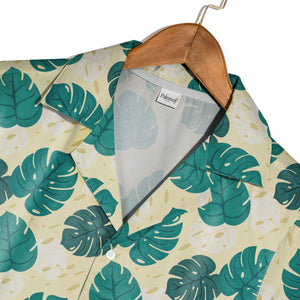 Pale Cream Yellow Modern Graphic Monstera Hawaiian Shirt with Abstract Dots