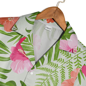 Pale Mint Green Hibiscus Monstera Hawaiian Shirt with Fern and Palm Fronds