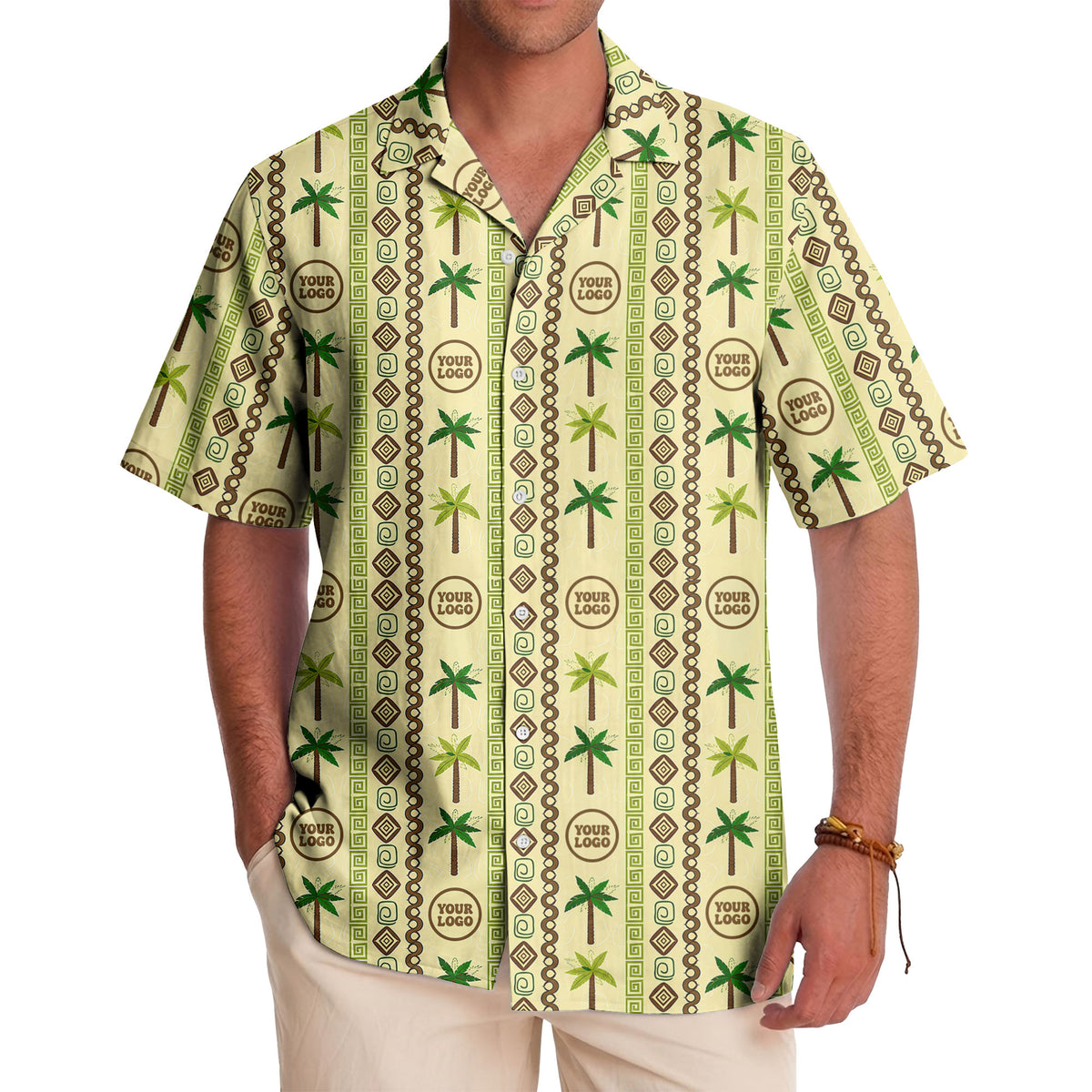 palm tree & monogram logo repeat vintage beige hawaiian shirt